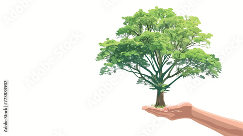 Keep green concept by one big tree on human hand. flat photo