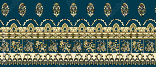 Textile Mughal Floral Motif Border Pattern.Traditional Indian Motif.Traditional Arabic motifsdigital flowers design and leaves motif.beautiful scarf print design for textile print in fabric.