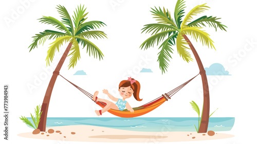 Little girl on hammock in palm beach flat vector isolated