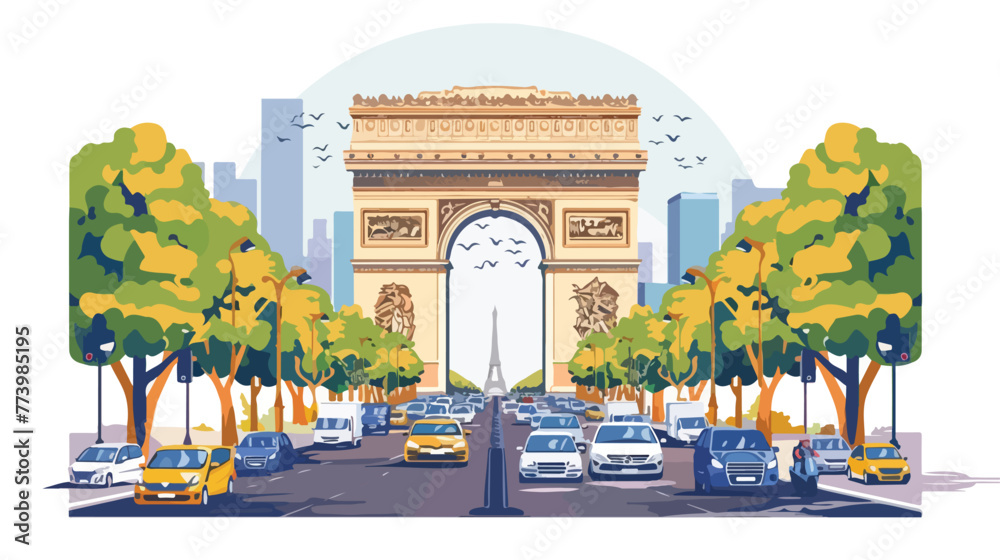 Lot of street traffic on Champs Elysees boulevard in P - obrazy, fototapety, plakaty 