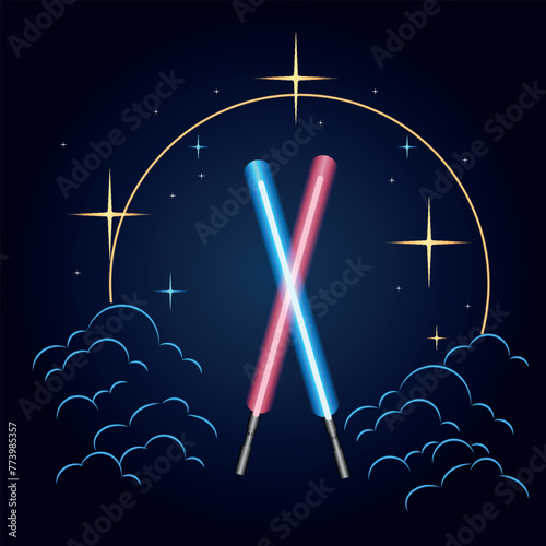 May 4. Vector illustration with glowing swords and stars.