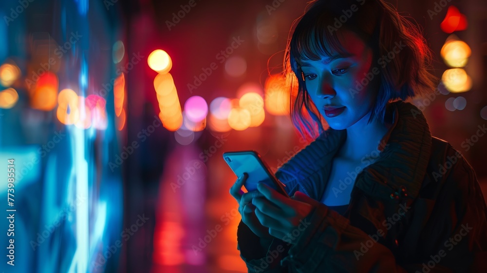 Naklejka premium Young woman texting smartphone at night street with neon light