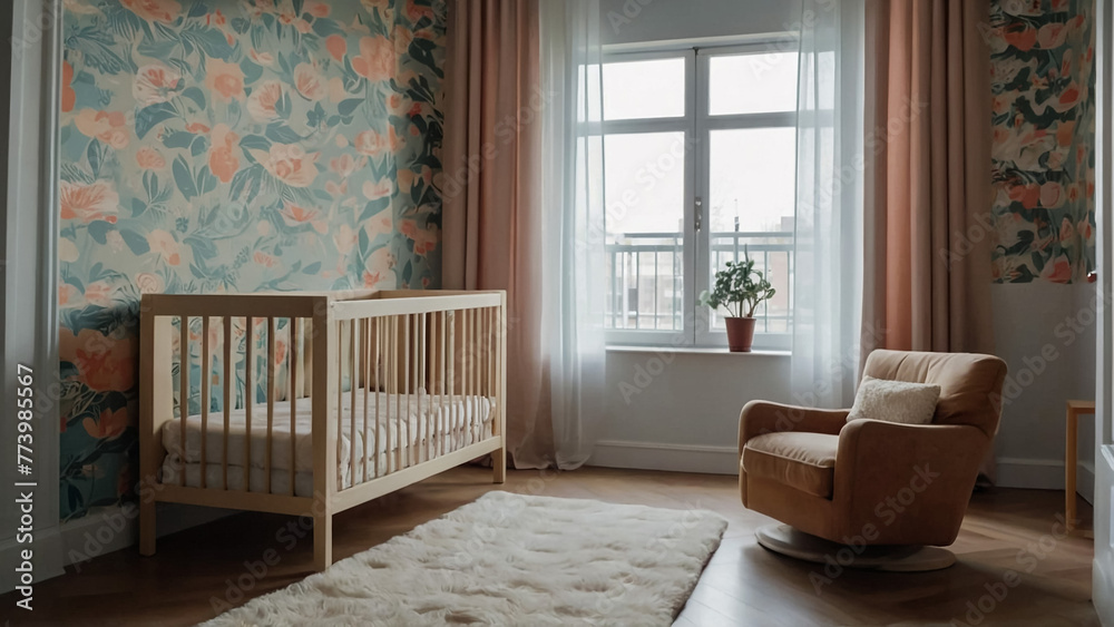 Interior of children's bedroom with baby crib and shelving unit - obrazy, fototapety, plakaty 