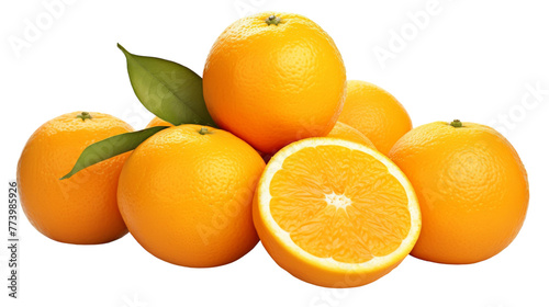 Fresh oranges in a vibrant pyramid, topped with green leaves, creating a colorful and juicy display of natures bounty