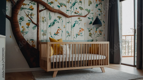 Interior of children's bedroom with baby crib and shelving unit