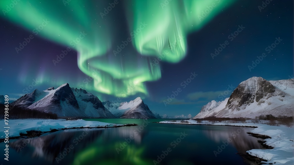 Norway's Lofoten islands are home to the aurora borealis. Polar lights in the night sky. Aurora and reflection on the water's surface in a nighttime winter environment. The background is natural in th