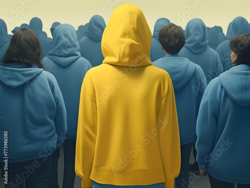 Lone Yellow Clad Figure Stands Out in a Sea of Uniformity Symbolizing Individuality and Nonconformity in a Futuristic Dystopian Landscape photo