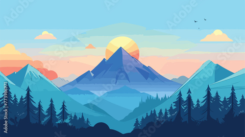 Mountain view of the afternoon sky. The flat design fo