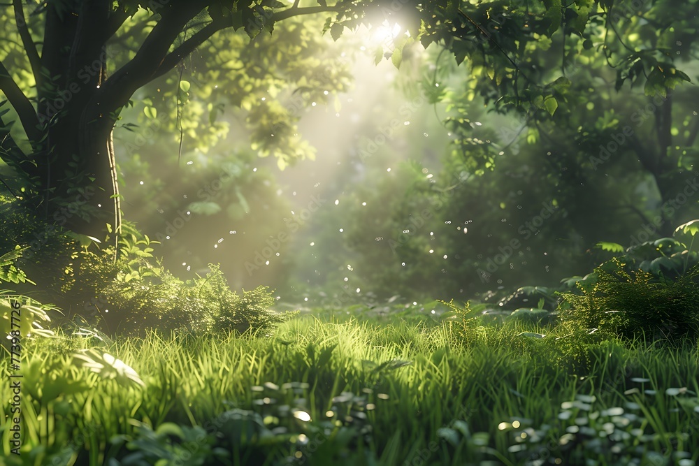 Obraz premium Serene Forest Scene with Sunlight Filtering Through Trees