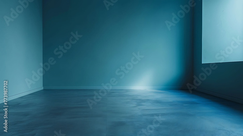Vibrant blue empty room with glossy floor reflecting the uniform color of walls and ceiling 