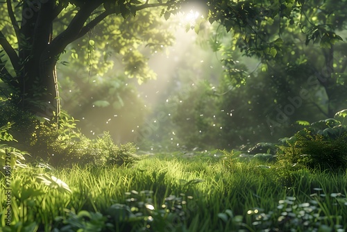 Serene Forest Scene with Sunlight Filtering Through Trees