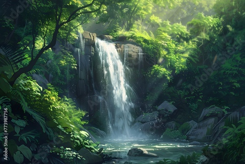 Serenity at a Secluded Waterfall in a Lush Green Forest