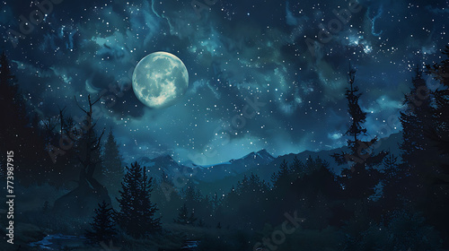 Starry night sky over a serene mountainous landscape with a bright moon and galactic backdrop