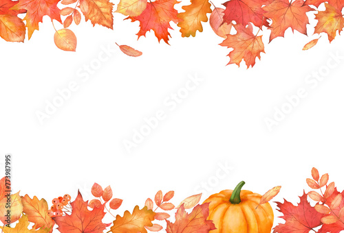 Rectangle fall frame. Autumn falling maple leaves and pumpkin. Autumnal foliage leaves flying in wind