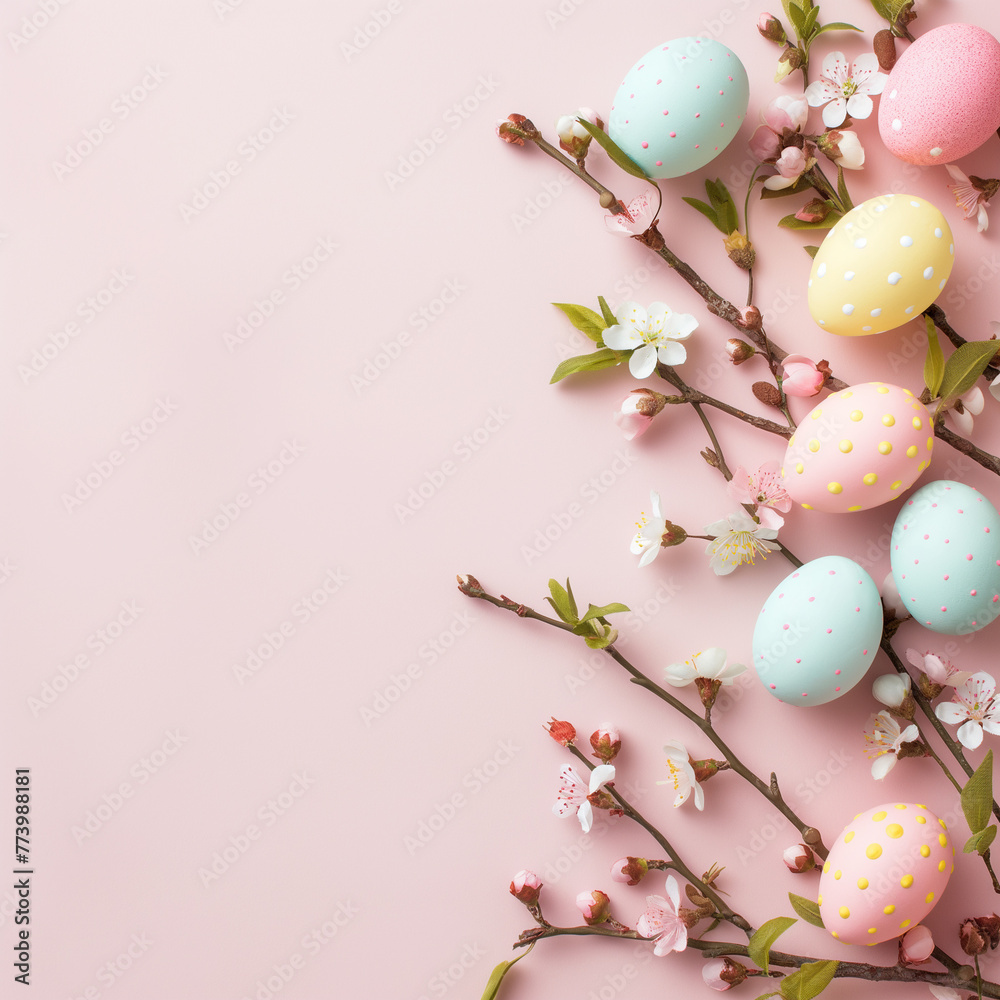 Easter eggs on pink background, happy easter, floral