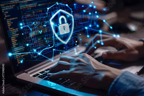 A person s hands are typing on their laptop with an abstract digital shield and keyhole icon hovering above a keyboard. Concepts of network security  private access  and data protection.  