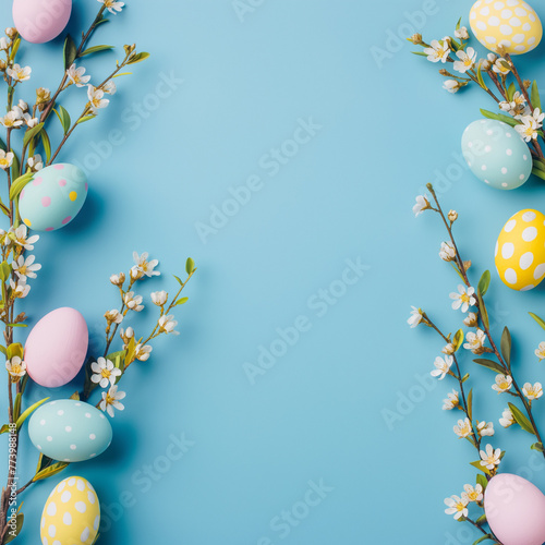 Easter eggs on blue background, happy easter, floral, pastell background 