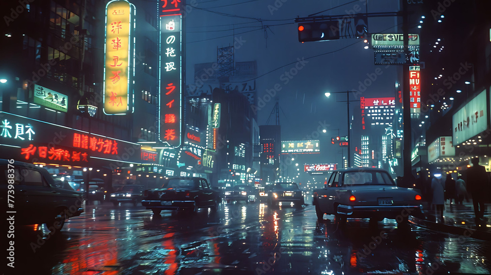 Rain-drenched city street at night with vivid neon signage and reflections on wet asphalt