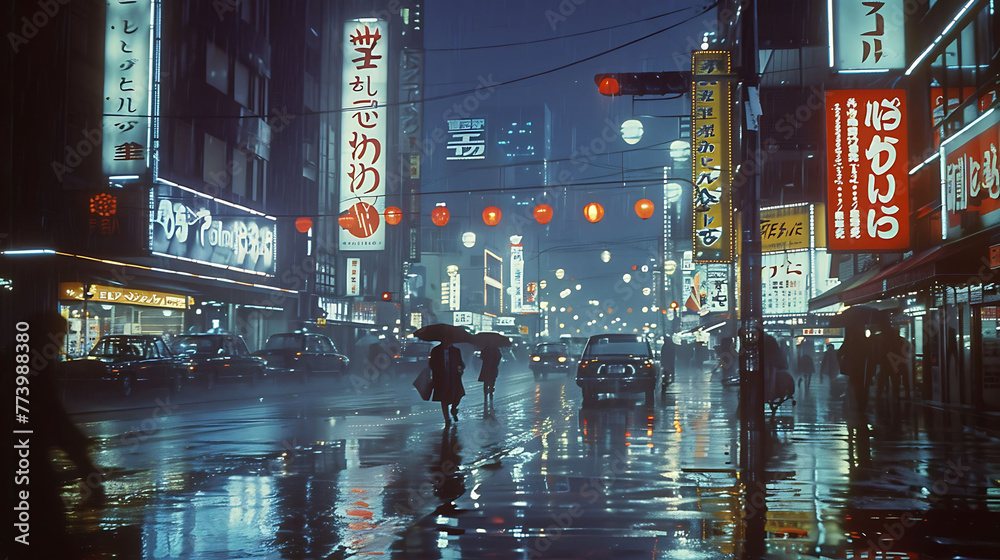 Fototapeta premium Rain-drenched city street at night with vivid neon signage and reflections on wet asphalt