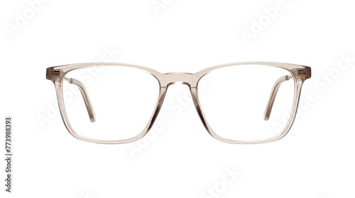 A stylish pair of glasses resting on a pristine white background