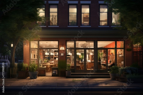 Illuminated modern storefront with cozy ambiance at dusk photo