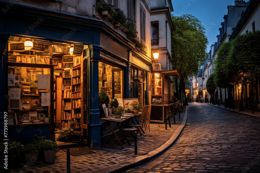 Charming Parisian bookstore at dusk with glowing lights and cobblestone street