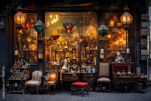 Antique shop storefront displaying a variety of vintage items, exuding a mysterious and nostalgic charm photo