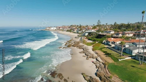 Southern California Coastal Beach Town City. Ocean Front Homes Aerial Drone Footage Laguna, La Jolla, San Clemente