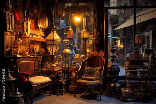 Warmly Lit Mystical Antique Shop Front Display with Vintage Items