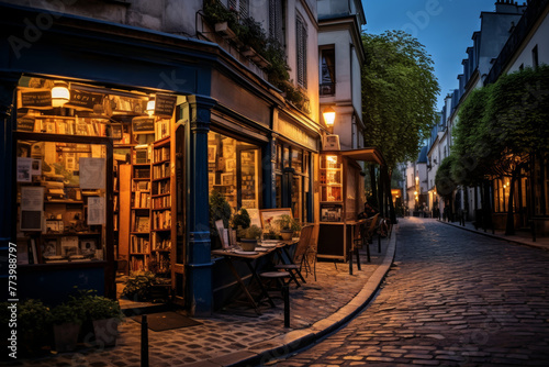 Fototapeta Naklejka Na Ścianę i Meble -  Charming Parisian bookstore at dusk with glowing lights and cobblestone street