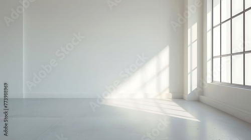 Minimalist white empty room corner with natural light creating soft shadows on clean walls