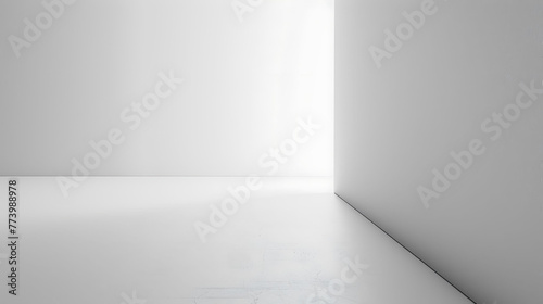 Minimalist white empty room corner with natural light creating soft shadows on clean walls