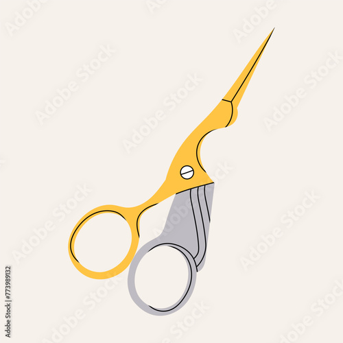 Metal vintage scissors in the shape of a bird with yellow handles. Tools for sewing and needlework in flat style. Vector stock illustration. Scissors in the shape of a bird.