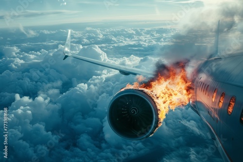 Artistic depictions of airplane disasters showing burning jet engines on wings photo