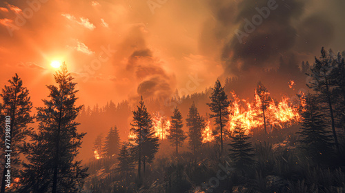 A forest under a blazing sunset  with trees engulfed in flames and smoke billowing into the sky  capturing the intensity and destruction of a wildfire.