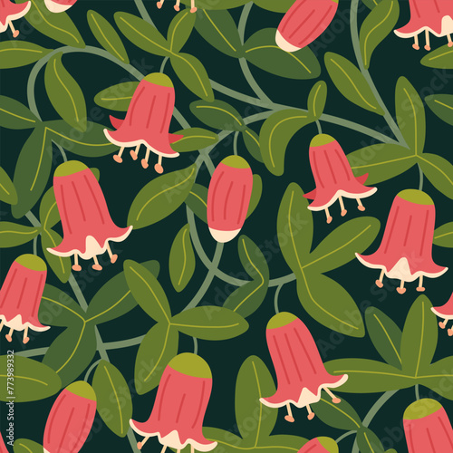 Intricate vector floral seamless pattern. Pink bell flowers, leaves and floral vines on dark background. Pretty botanical repeated design for fabrics, stationery. Intertwined stems of blooming shrub