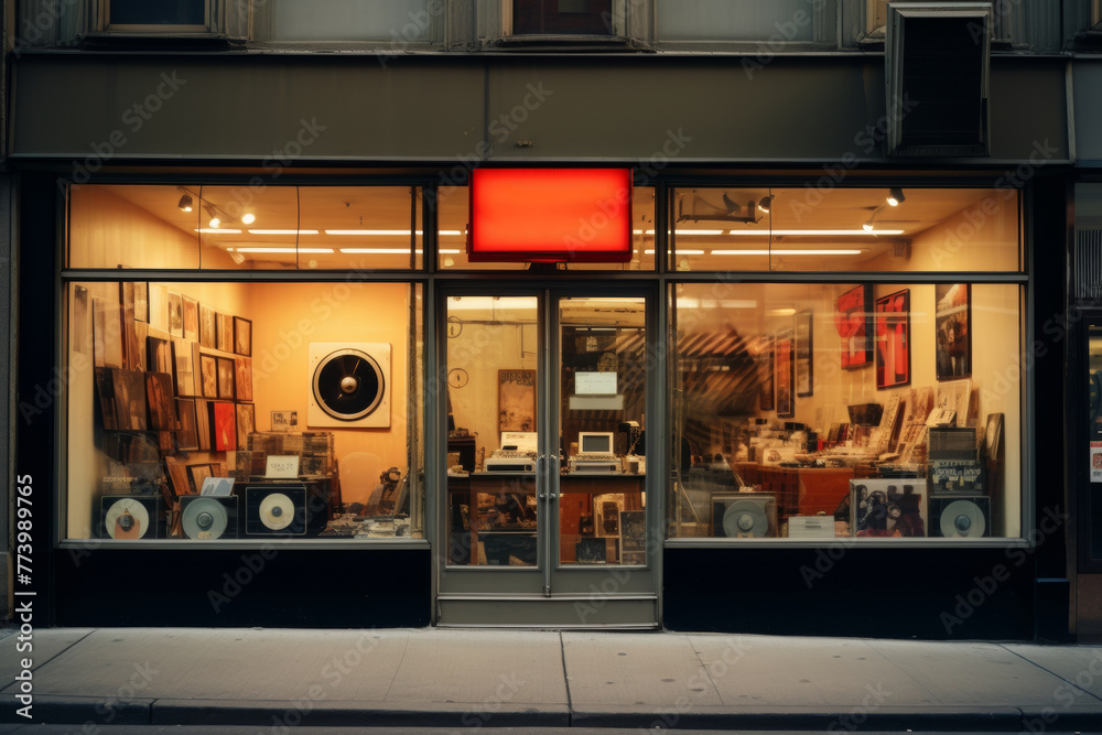 Cozy record store front at twilight with warm lighting in a bustling city