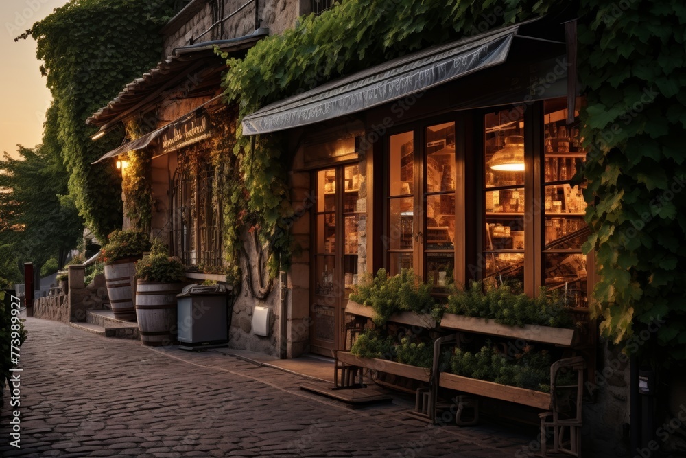 Enchanting village bakery shopfront at sunset with warm glowing lights