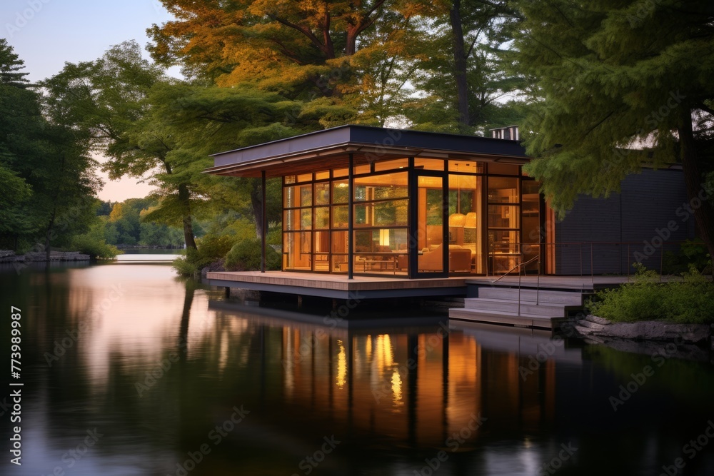 Serene lakeside retreat with modern cabin at sunset surrounded by forest