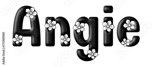 Angie - name black color - written with engraved typical Hawaiian hibiscus flowers- word for websites, e-mail, sublimation greetings, banners, cards, t-shirt, sweatshirt, prints, cricut, silhouette,