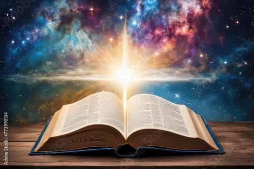 BIble Book of Creation with Fantasy and Magic Literature Religion Concept Open Learn Page Imagination Education Study Knowledge Wisdom Light Idea School Read Magical Universe Abstract Story Christian photo