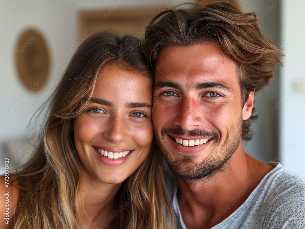 A smiling couple showing off their new smiles after cosmetic dental whitening A smiling couple showing off their new smiles after cosmetic dental whitening