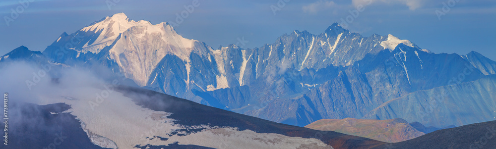 Mountain landscape, panoramic view, snow-capped peaks, glaciers. climbing