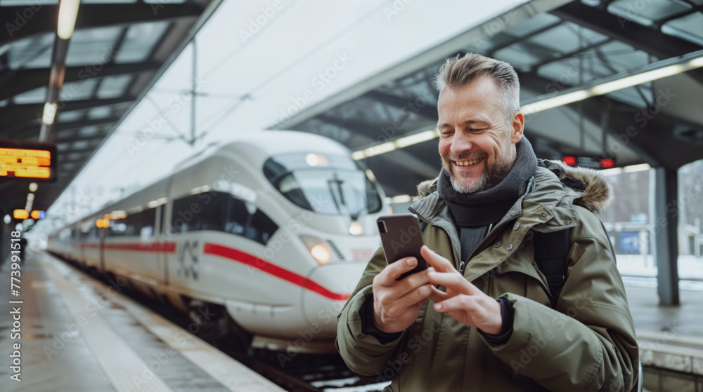 Obraz premium homme de 30-40 ans sur le quai d'une gare en train de consulter son smartphone en attendant son train