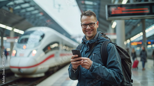 homme de 30-40 ans sur le quai d'une gare en train de consulter son smartphone en attendant son train photo