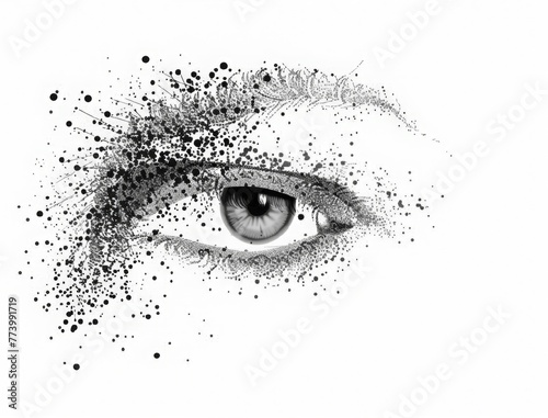 A minimalistic grayscale abstract close-up image of a woman's eye. A silhouette of dots and particles. A beautiful graphic half-tone woman portrait. Elegant design for printing posters, advertising 