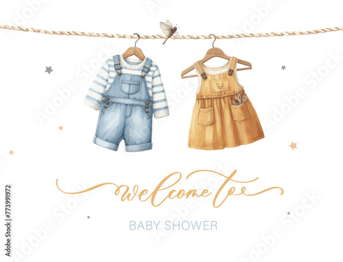Cute baby shower watercolor invitation card for baby and kids new born celebration with baby clothes.