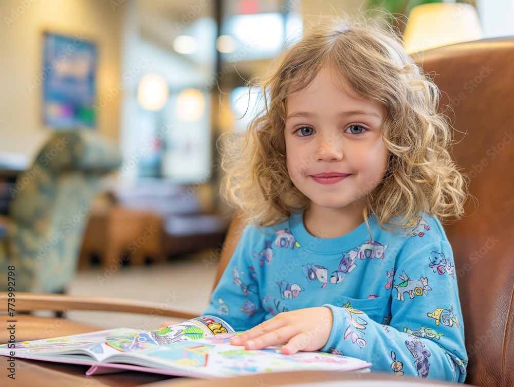 A child playing with a dental-themed coloring book in the waiting room A child playing with a dental-themed coloring book in the waiting room