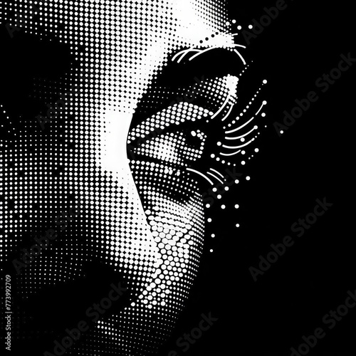 A minimalistic grayscale abstract close-up image of a woman's eye. A silhouette of dots and particles. A beautiful graphic half-tone woman portrait. Elegant design for printing posters, advertising  photo