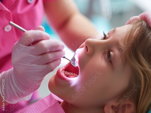 A dental hygienist applying fluoride varnish to a child's teeth for cavity prevention photo